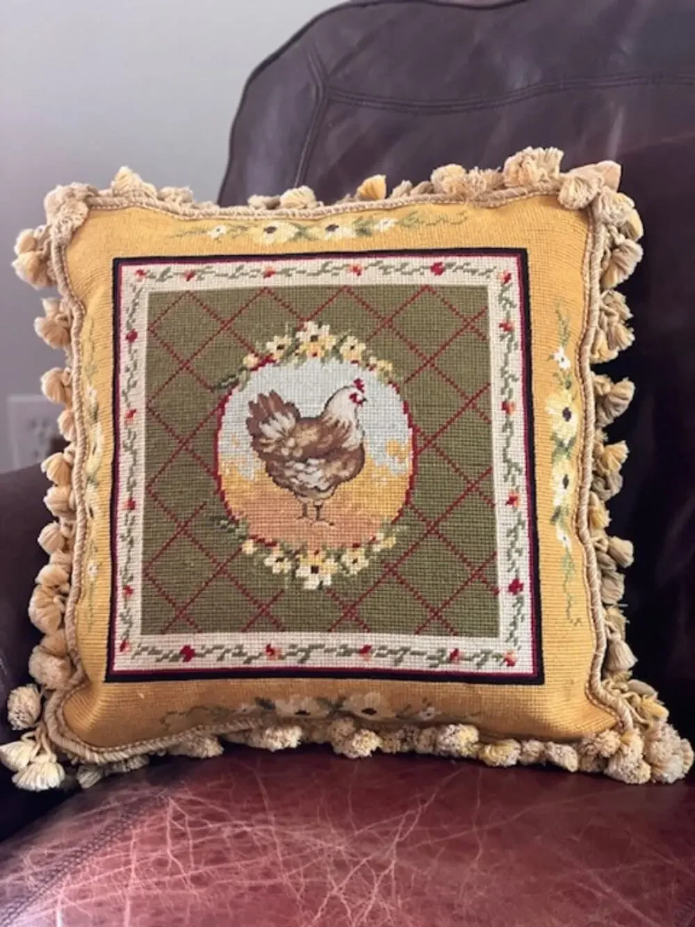 Vintage Aubusson Style Needlepoint Hen Chicken Pillow Tassel Fringe 17